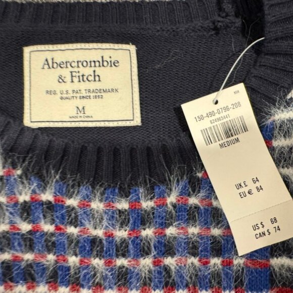 Abercrombie & Fitch Women’s Navy Plaid Fuzzy Soft Knit Sweater Size Medium – NWT - Picture 3 of 6